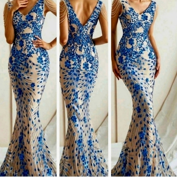 Dresses & Skirts - Blue, Floral Print, V Neck,  Beaded Draped Sleeves,  Sequined Mermaid Go…